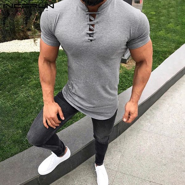 

incerun summer stylish solid t shirt lace up v neck streetwear short sleeve casual slim t-shirts men plus size 5xl 2021, White;black