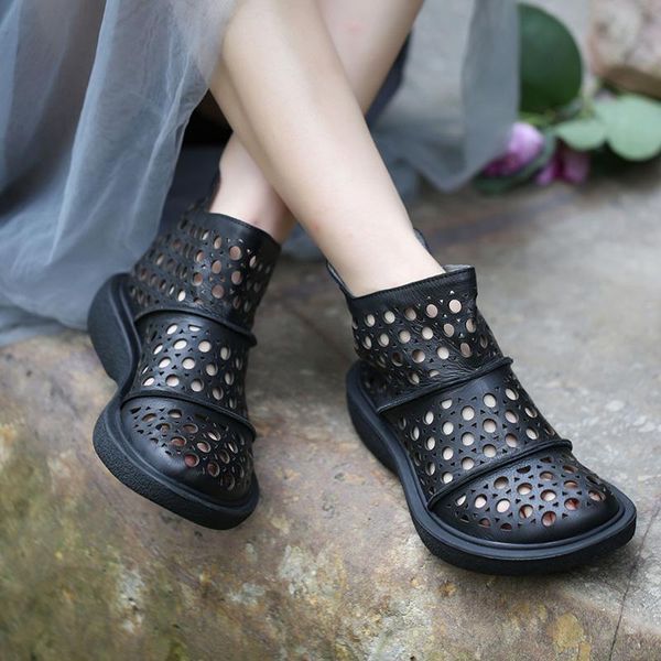 

vallu 2020 roud toes women ankle boots shoes summer hollow out genuine leather lady cool boots, Black