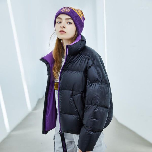 

bosidneg winter thicken down coat women short outwear loose jacket waterproof color clash warm b801411021, Black