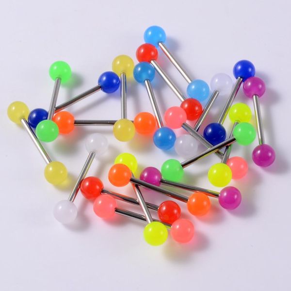 

surgical steel bar tongue rings acrylic glow in the dark ball tongue barbell luminous acrylic ball belly button ring piercing q bbymiv, Silver