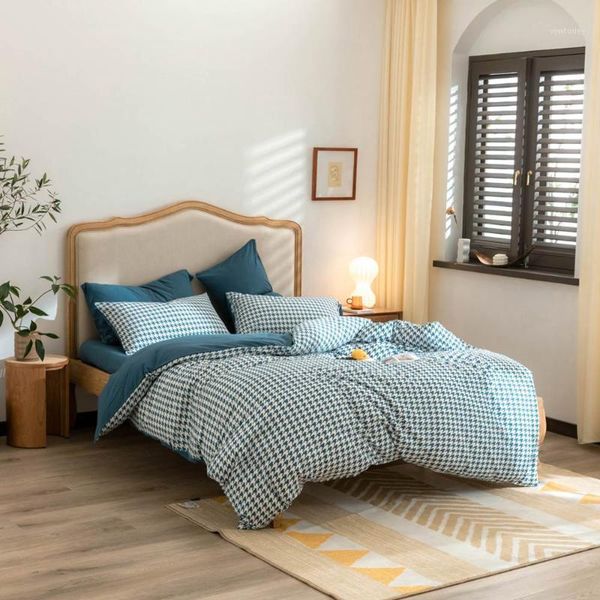 

papa&mima blue houndstooth knitted cotton bedding set soft warm linens single  king fitted sheet pillowcase duvet cover1