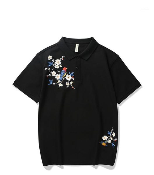 

chinese print men shirt summer short sleeve trend shirt male embroidery plum ropa hombre lapel loose 5d971, White;black