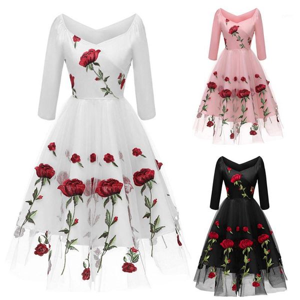 

women vintage dress rose embroidery lace mesh 3/4 sleeves dress for evening party -opk1, White;black