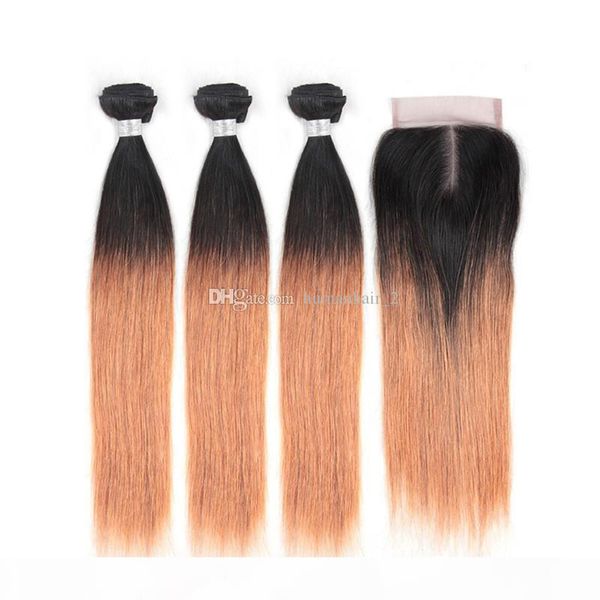 

3bundles honey blonde ombre straight hair with lace closure silky straight human brazilian virgin hair with two tone color 1b 27 closure, Black;brown