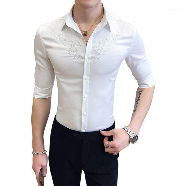 

2020 new spring and summer men's mid-sleeved slim square collar shirt korean social guy trend business casual men's shirt1, White;black