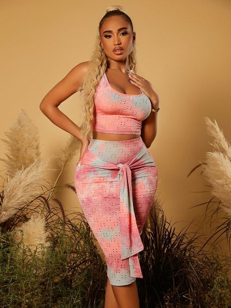 

sxy eyelet embroidery tie dye tank & tie front skirt t2lo#, White