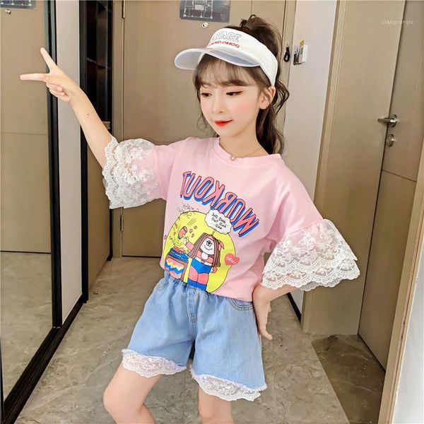 

2020 summer kids 2pcs clothes set teenage girls short sleeve casual t shirt denim lace shorts children tracksuit outfits 14y1, White