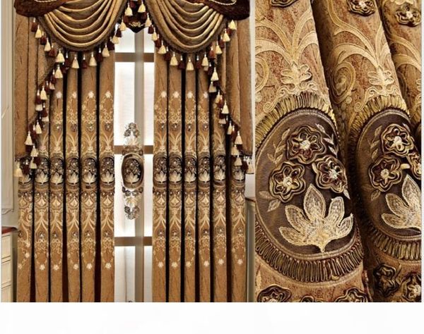 

2020 european-style coffee chenille villa living room embroidered shade curtain finished bedroom elderly room study window curtain