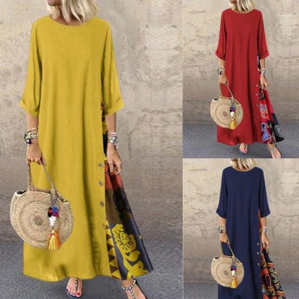 

vintage stitching dress women's maxi sundress 2020 casual 3/4 sleeve summer vestidos female o neck floral robe plus size1, Black;gray