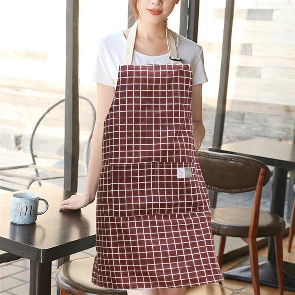 

aprons cotton and linen checkered adjustable halter apron with pockets cooking smock coffee black grey1