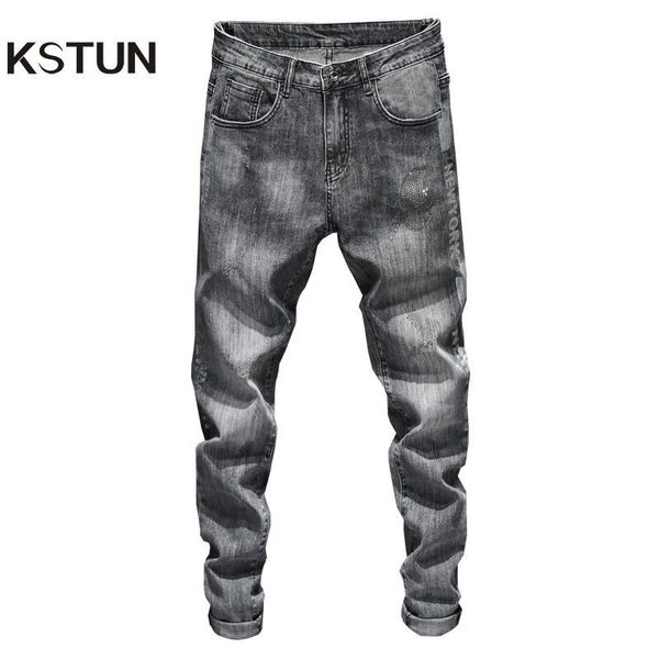 

men jeans skinny gray stretch spring and autumn printing sequined casual denim pants fashion side letters designer slim kg-854, Blue
