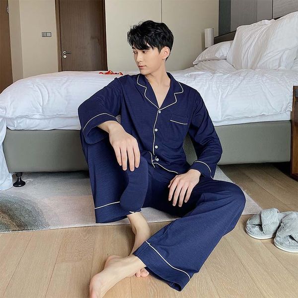 

men's sleepwear long-sleeved bamboo cotton pajamas set male home clothes, Black;brown