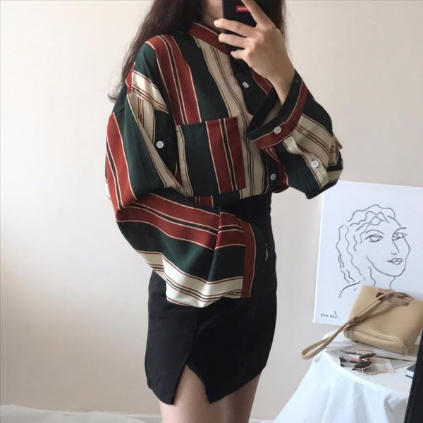 

2021 autumn spring shirts women striped slim stand collar women casual shirts ladies female vintage, White