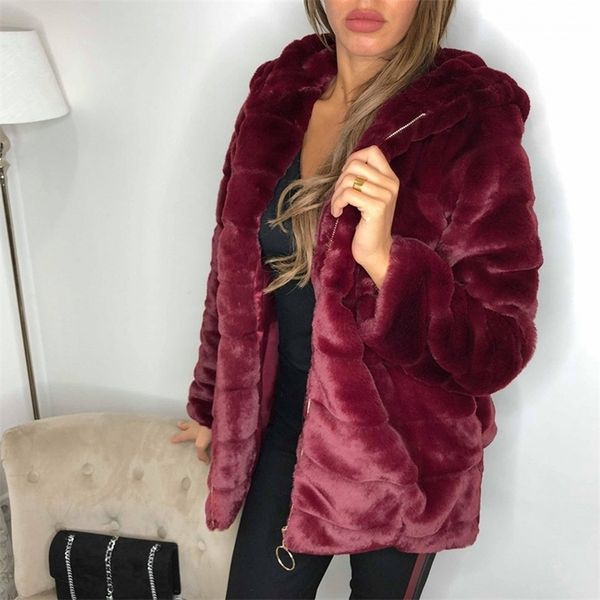 

fashion autumn and winter faux fur coats women warm long sleeve hooded outwear ladies velvet elegant overcoats female 201029, Black