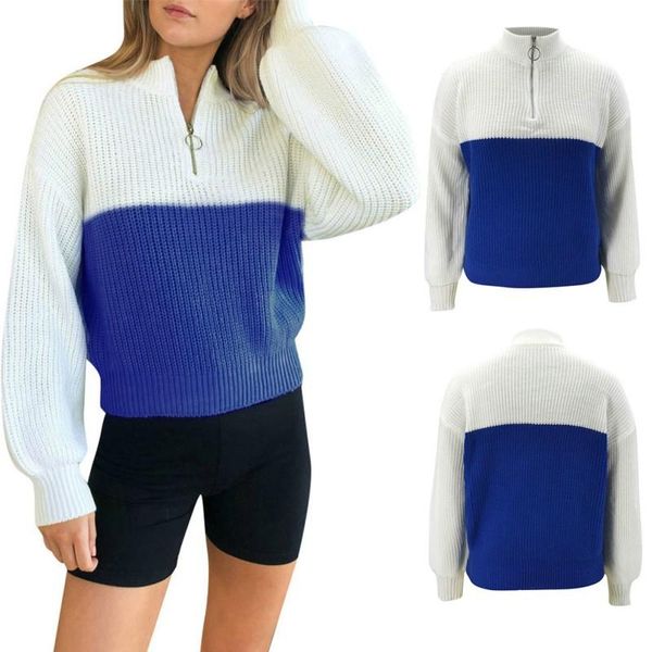 

women's sweaters womens autumn and winter zipper lantern sleeve casual knitted pullover jumpers pull, White;black