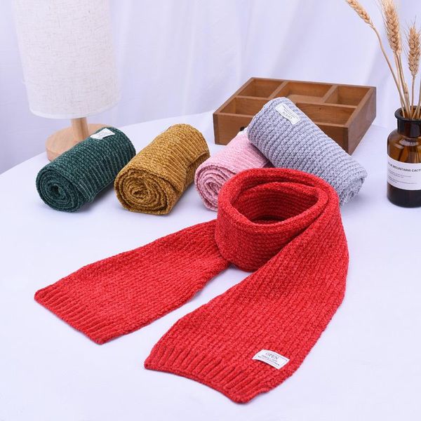 

130*15cm kids autumn winter knitting scarf solid colors with label soft elastic wool baby keep warm scarf, Blue;gray