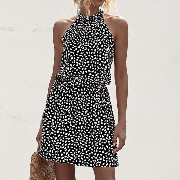 

high street summer halter floral print mini dress 2020 vintage sleeveless dress beach casual party short for women, Black;gray