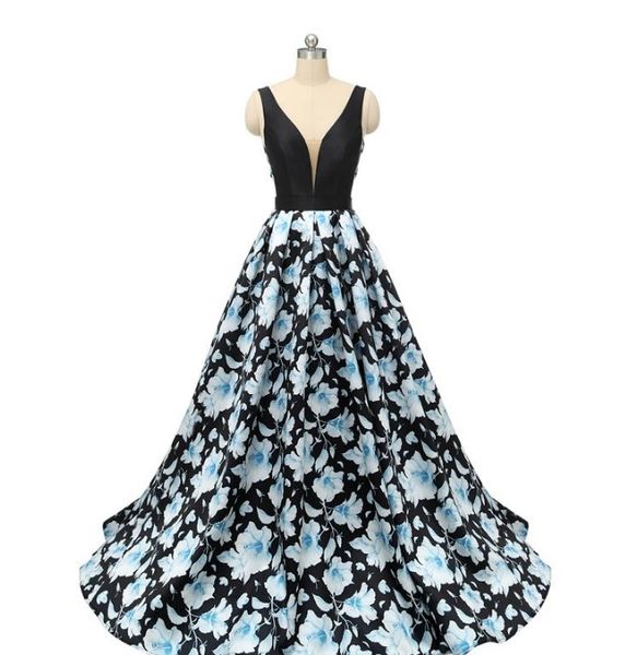 

2020 printed flower prom dresses evening gowns v neck sleeveless backless a line ball gown long formal party dress, Red