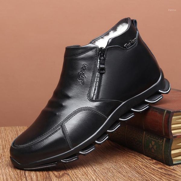 

boots mens zip winter genuine leather wool men's fur botas hombre warm shoes fashion snow men zapatos de hombre1, Black