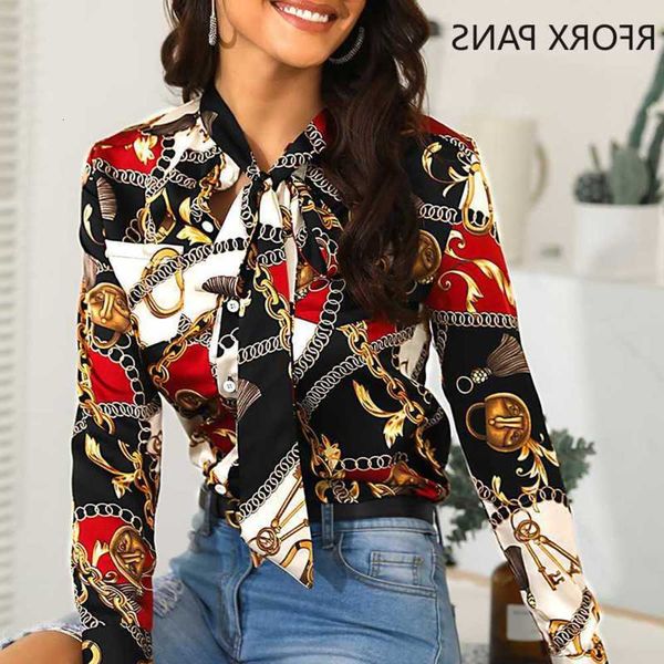 

womens tied neck chain print casual shirt long sleeve blouse asian size s-2xl, White