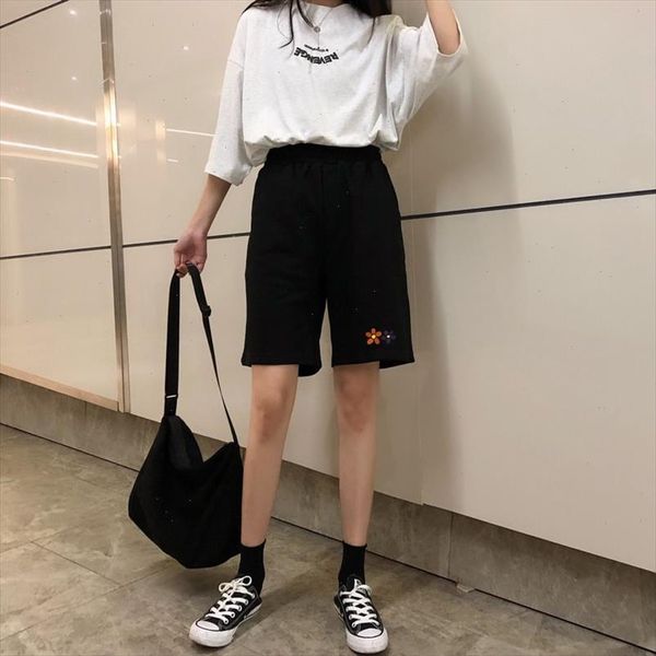 

black women sweatpants jogging japan korean straight harajuku summer loose wide leg flower embroidery pants harajuku sweatpant, Black;white