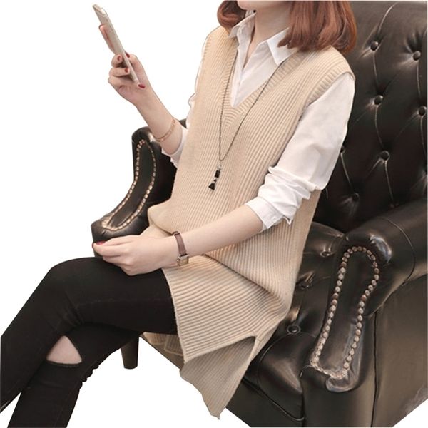 

good quality knitted women's vest new spring solid loose sleeveless female sweater pullover v-neck split casual waistcoat 201214, Black;white