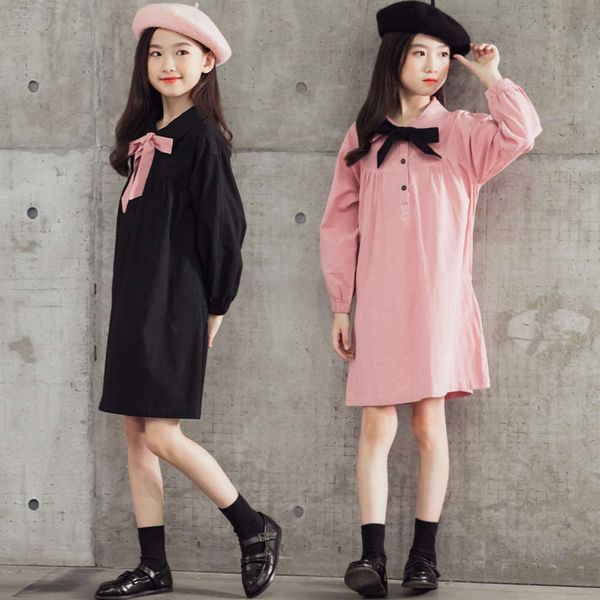 

girls' autumn winter 2020 cotton lovely lace up bow long sve middle school children's drs, Red;yellow