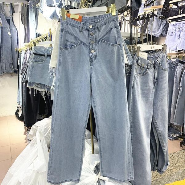 

spring summer 2020 new women's pants streetwear design retro high waist multi-buckle loose straight plus size casual jeans woman1, Blue