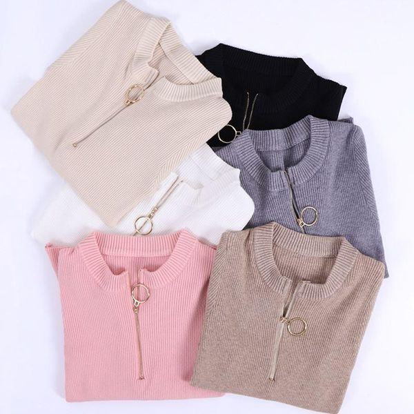 

zipper sweater women o-neck white jumper full sleeve solid elastic soft female pullovers fashion knitted ladies sweaters1, White;black