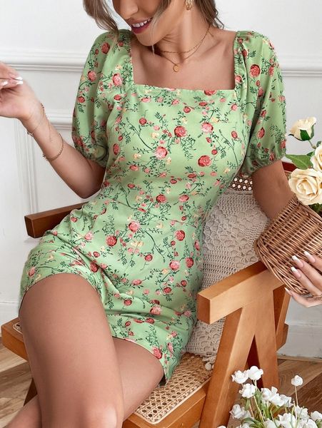 

floral print puff sleeve romper c09y#, White