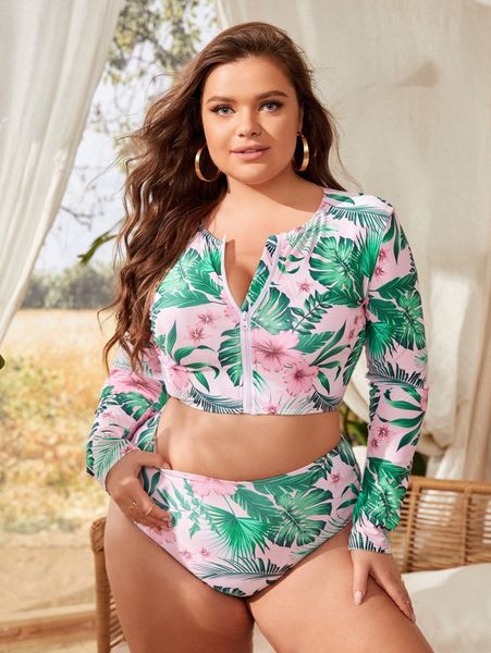 

plus floral print zipper front bikini swimsuit 84wv#, Black