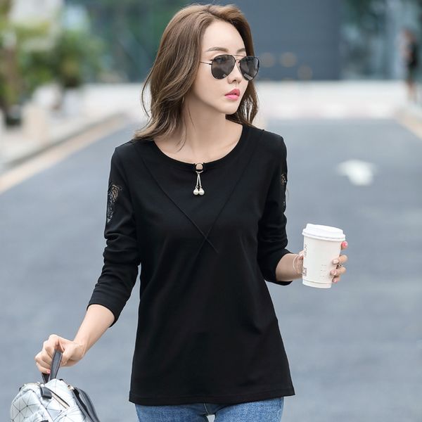

autumn 2020 loose t-shirt women's round neck long sleeve pendant pendant embroidery embroidery embellishment solid color student ins xx, White