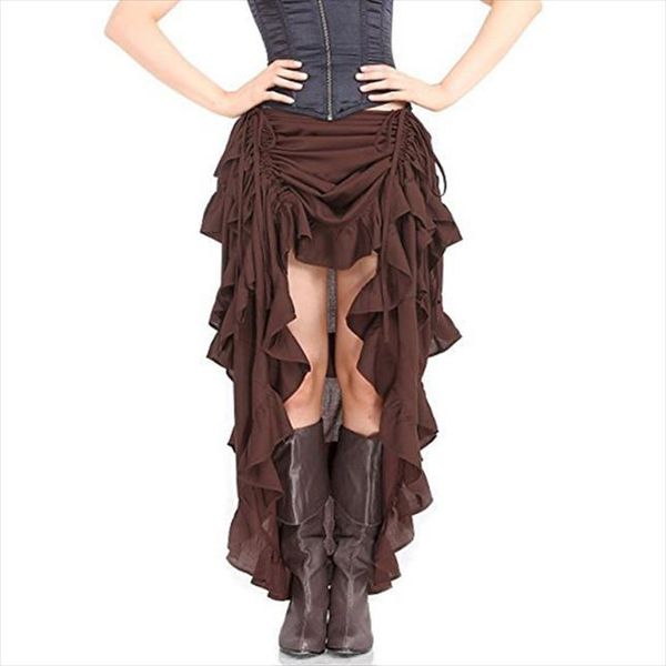 

gothic steampunk adjustable asymmetrical ruffle front short back long lace skirts for women drop shipping good quality, Black