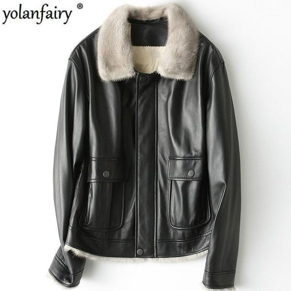 

women's leather & faux short real jacket women autumn winter sheepskin coat female down collar genuine hq19-cjx1901b1, Black