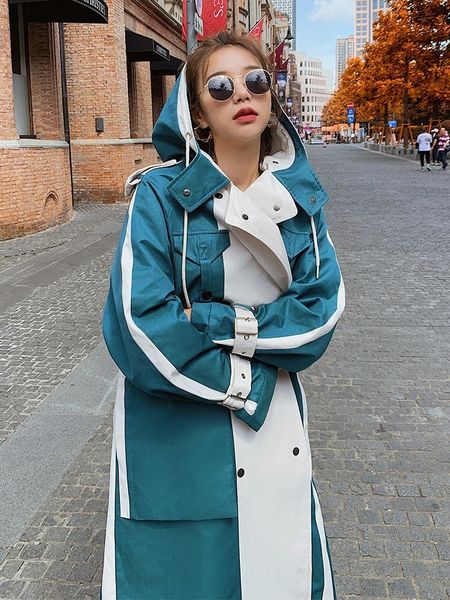 

2021 new female blouse long autumn/winter new design stitch contrast with loose korean hood fashion trench coat female3x oyaq, Black;brown