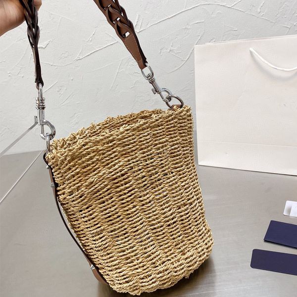 2022Straw Beach Bag Woven Handmade Shoulder Sling Crossbody Bags Clutch Wallet Purse Two-tone Leather Brown Pouch