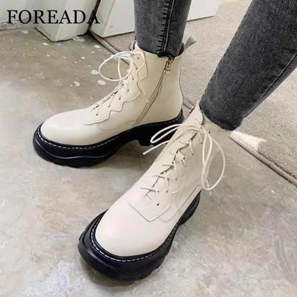 

foreada woman boots real leather med heel ankle boots platform lace up short zipper block heel female shoes beige black