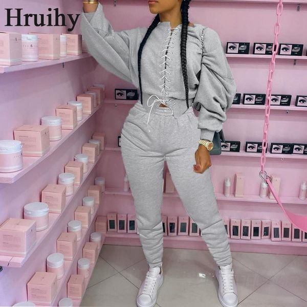 

casual autumn two piece set solid color long sleeve sweatshirt criss-cross lace up woman pants tracksuits women set fashion, Gray