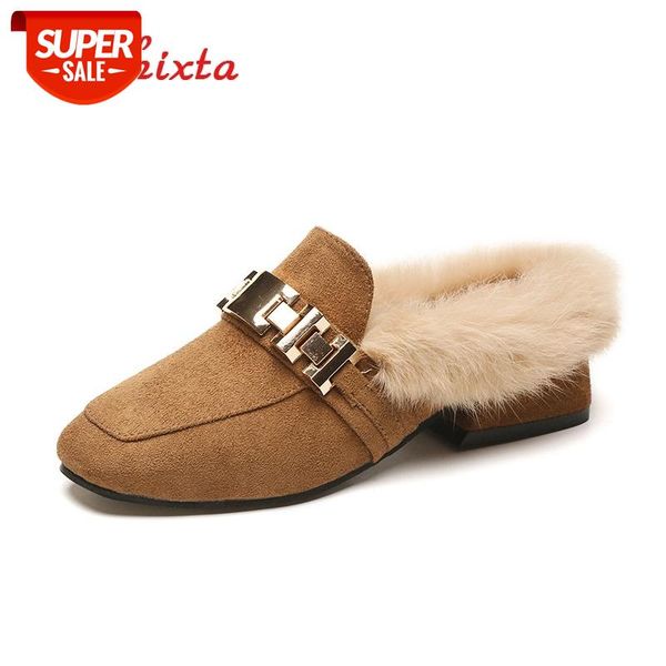 

aphixta fashion flat shoes women slippers plush warm winter brown footwear rabbit hair fur ladies casual slip on short shoes #ws5p