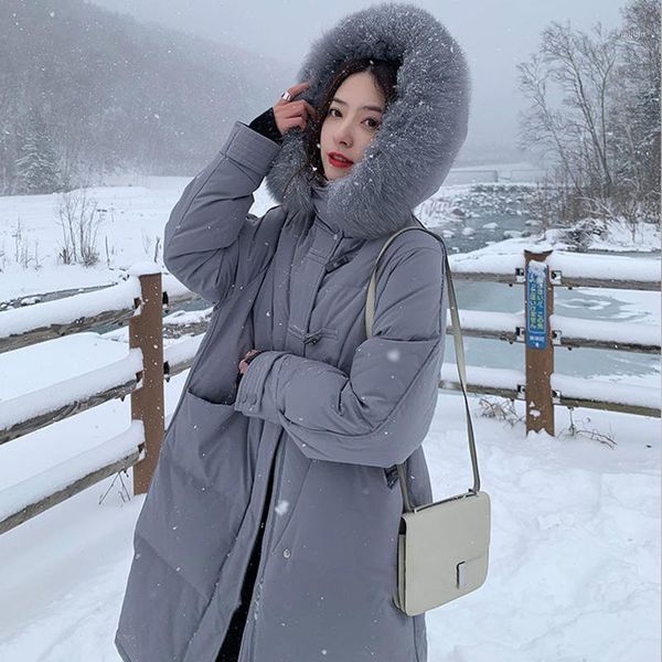 

ftlzz 2020 artificial fur hooded long jacket winter 90% duck down coat women horn button snow thick parkas female warm outwear1, Black