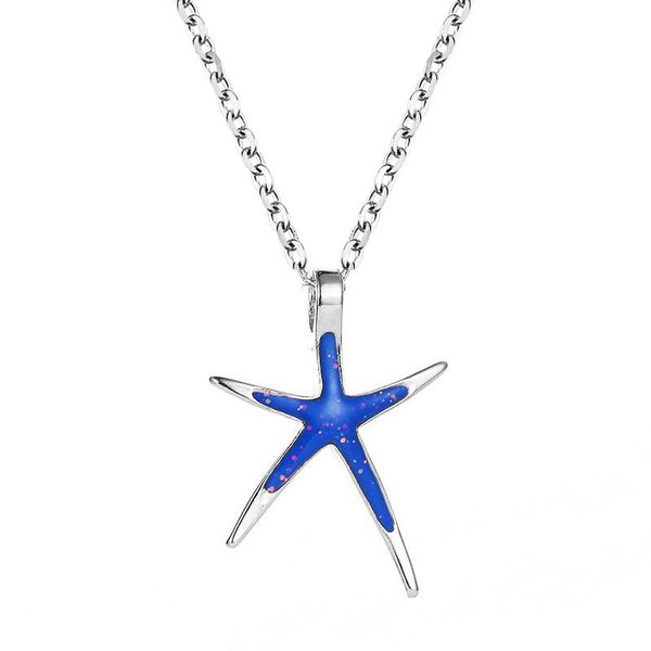 

silver color blue white resin starfish pendant necklace ocean animal charm necklaces women girls lady link chain sweater jewelry, Golden;silver