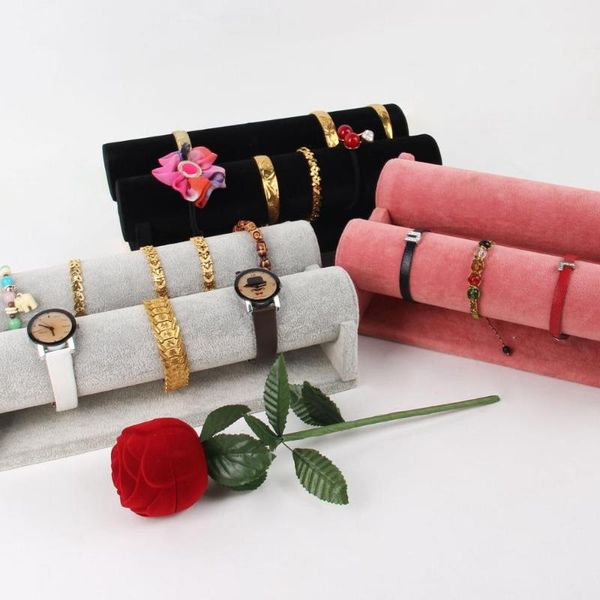 

tonvic black/pink/gray velvet jewelry display t-bar 2 tiers for watch bangle bracelet display stand holder rack, Pink;blue