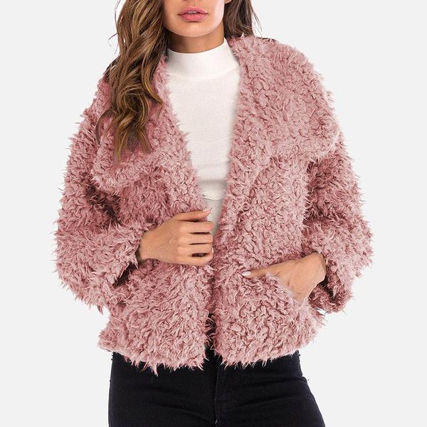 

women's furry solid turn-down collar coat pockets long sleeve autumn new female coats 2020 winter fashion warm ladies clothing, Black;brown