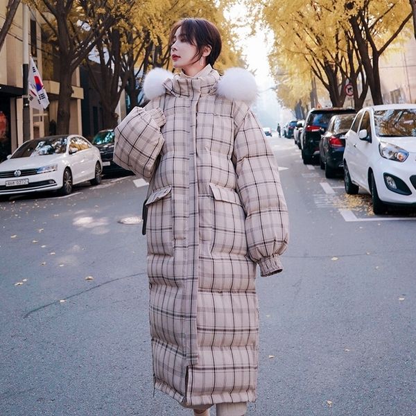 

2021 new women's plaid cotton coat new korean fashions released white duck under the longest knee with hood thick jacket gj2 ezw4, Black