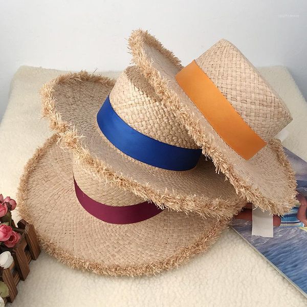 

wide brim hats sun hat for women flat big panama beach femal summer cap with ribbon double raffia shade fashion chapeau1, Blue;gray