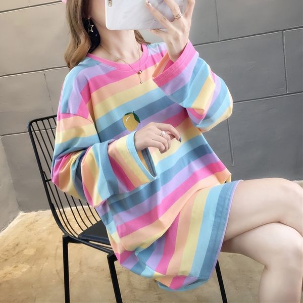 

fall harajuku kawaii oversized t shirt women autumn rainbow striped shirt for girls long sleeve korean tshirt ladies y200109, White
