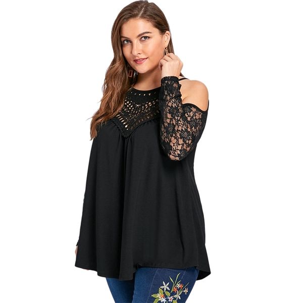 

wipalo plus blouses 5xl cold shoulder up women clothing lace crochet sheer mesh blouse shirts big size y200422, White