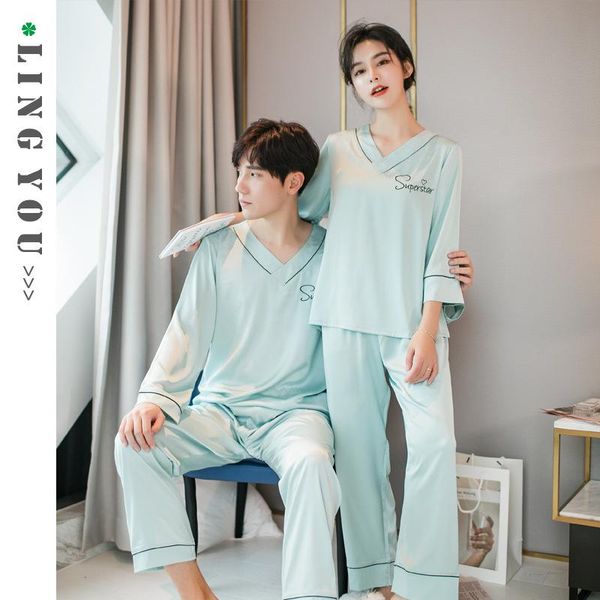

couples pajamas female autumn new style solid color korean-style pullover two-piece suit long sleeve trousers men viscose clothe, Black;red