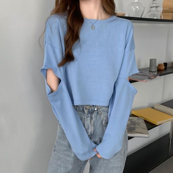 

knitting jumper cropped shirts women o neck long sleeve ladies short pullover women's hollow out 1, White