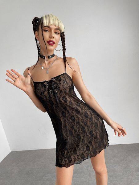 

grommet lace up front lace cami dress v2nq#, Black;gray